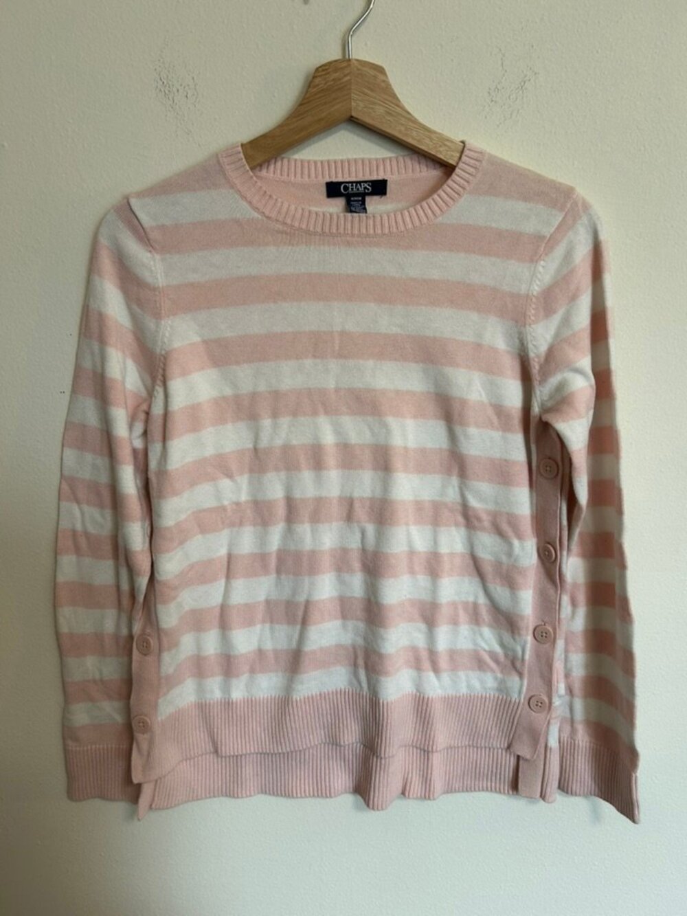 Chaps Pink White Striped Sweater Button Detail Coquette Cotton/Modal Sz M EUC